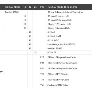 Tek-Sub 4800C Borehole Submersible Level Transmitter Model Chart